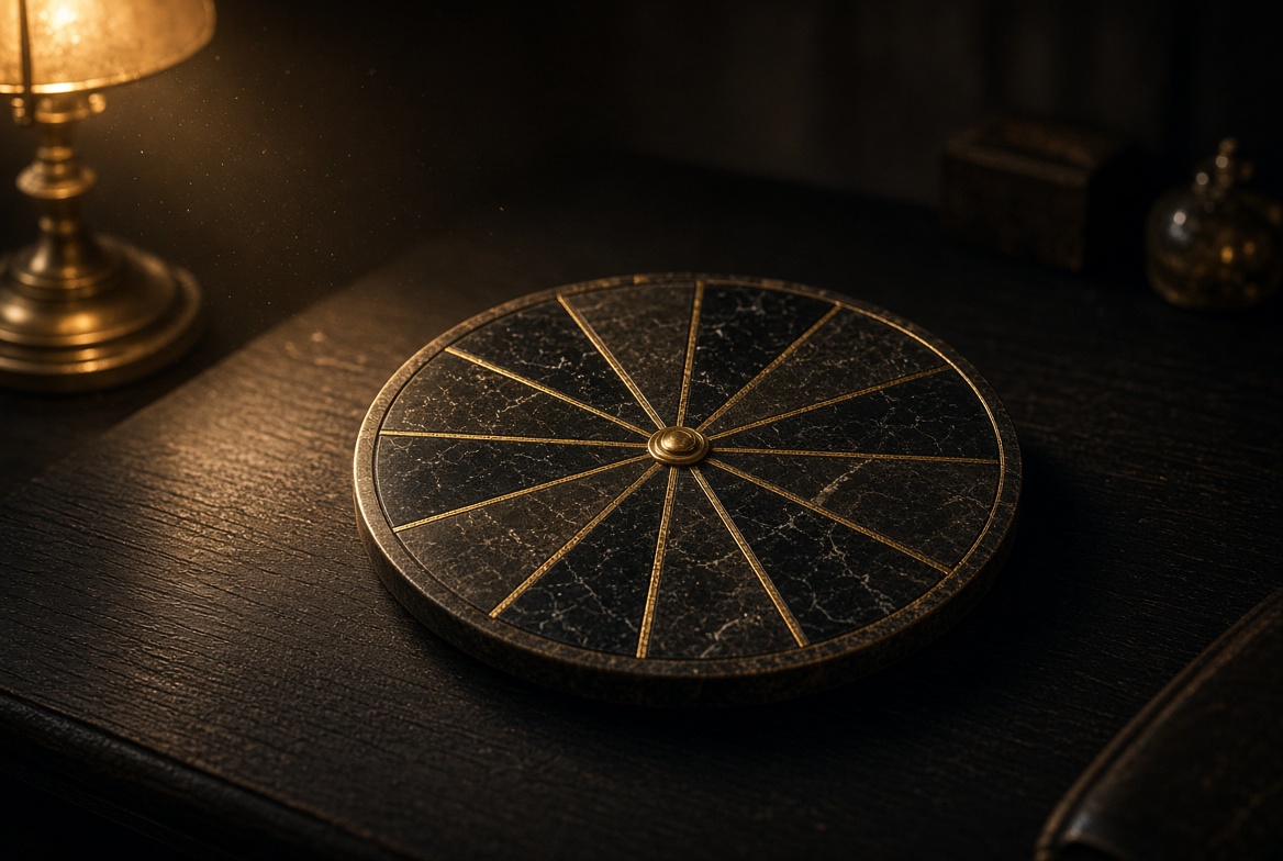 A dark ten-segment calendar wheel in warm lamp light