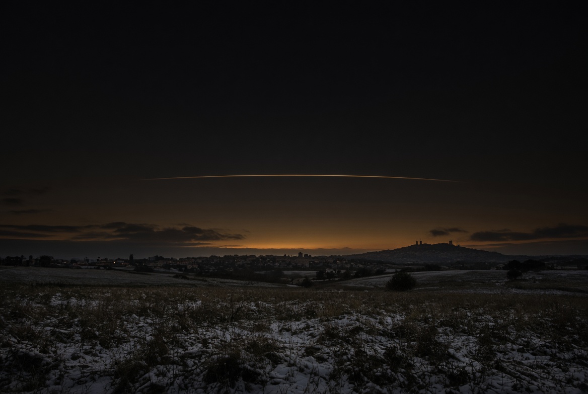 A dark winter field under a thin gold line of light